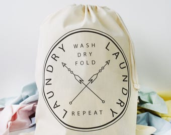 Home And Travel Laundry Bag, Wash Dry Fold Repeat, Drawcord Cotton Bag, Storage Bag, 100% Cotton