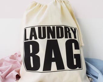 Hand Printed Cotton Laundry Bag, Drawcord Closure, Kids Room Storage