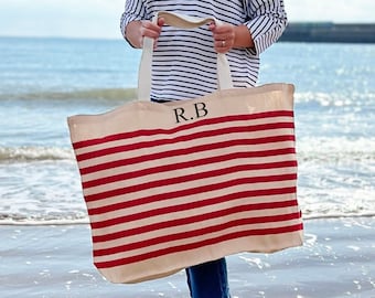 Personalised Beach Bag with Initials, Red Stripe,  Large Hold-all , Tote, Family Beach Bag, Big Shopping Bag, Swimming Bag, Groceries