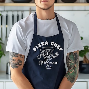Personalised Retro Pizza Chef Apron - Perfect Gift for Pizza Lovers of All Ages - Customisable - Fun Cartoon Illustration - Unisex Apron