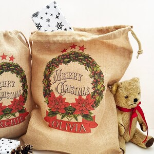 Personalised Jute Christmas Wreath Traditional Sack, Santa Sack, Christmas Stocking, Holly and Ivy, Child Xmas, Burlap, Collegiate, college