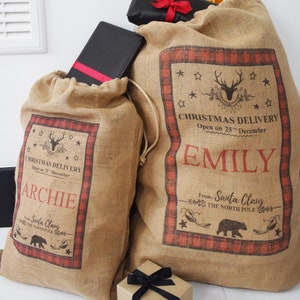 Tartan Print Sackleinen Weihnachtssack S, M, L Oder Xl, Personalisiertes Geschenk, Hessisch, Jutestoff, Weihnachtsmann, Weihnachtsstrumpf personalisieren, Kind Xmas