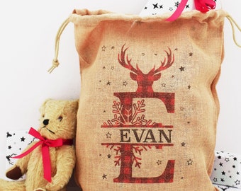 Personalizzato Tartan Monogram Christmas Sack, Hessian fabric Sack, Santa Sack, Stocking, Red personalise, Child Xmas, Personalizza il regalo di iuta