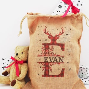Personalised Tartan Monogram Christmas Sack, Hessian fabric Sack, Santa Sack, Stocking, Red personalise, Child Xmas, Personalize jute Gift image 1