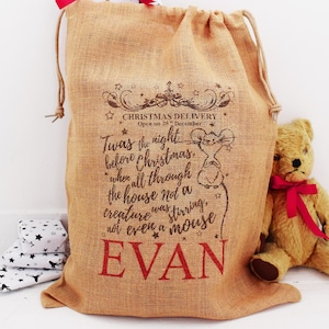 Twas the night before Christmas, Jute Sack, Hessian Sack, Santa Sack, Christmas Stocking, Red personalised, Child Xmas gift, Xmas mouse