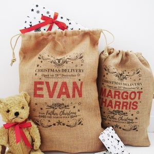 Traditional Personalised Burlap Father Christmas Sack, Hessian fabric Sack, Jute Santa Sack, Christmas Stocking, Child Xmas Gift, Red Print