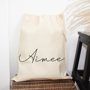 Gepersonaliseerde handgeschreven naam opbergtas, wasmand, trekkoord canvas 100% katoen, Kid Room Storage, make-up organisatie, cadeaupapier tas