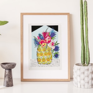 FLOWERS IN A PINEAPPLE - Unframed A3 print, A4 Print, Limited Edition Print, Signed Doodle, Illustration, Fine Art Archival Print, pineapple