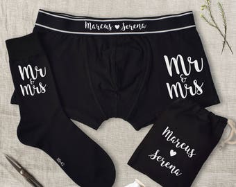 Mr and Mrs Underwear Gift Set, Personalised Black Boxers and Socks Set, Wedding Gift, Anniversary Gift,