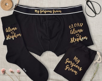 Personalisierte Hochzeitsdatum und Namen Wunderschöne Bräutigam Unterwäsche Geschenk-Set, Boxer Briefs und Socken Set