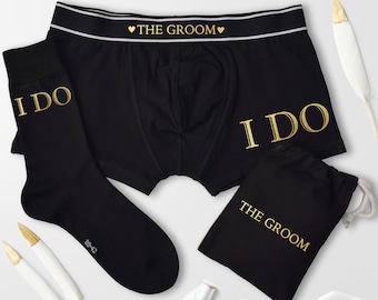 I Do, Grooms Gift Set, Personalised Black Boxers and Socks Set, Various Print Colours, Boxers and Sock Set, Wedding gift for the Groom, vows