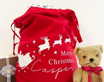 Personalisierter roter Weihnachtssack, Baumwollstoffsack, Weihnachtsmannsack, Weihnachtsstrumpf, Weihnachtsmann Rentier, Kind Weihnachten, Geschenk personalisieren