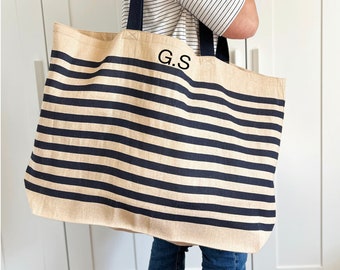 Personalised Beach Bag with Initials, NAVY Stripe,  Large Hold-all , Tote, Family Beach Bag, Big Shopping Bag, Swimming Bag, Groceries