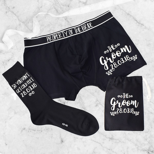 Damit Sie keine kalten Füße bekommen, personalisiertes Unterwäsche-Set des Bräutigams, Geschenk von Braut zu Bräutigam, Geschenk-Set, Boxer Briefs und Socken, personalisieren