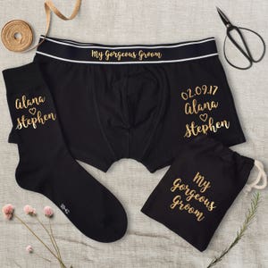 Personalised Wedding Date and Names Gorgeous Groom Underwear Gift Set, Boxer Briefs and Socks Set