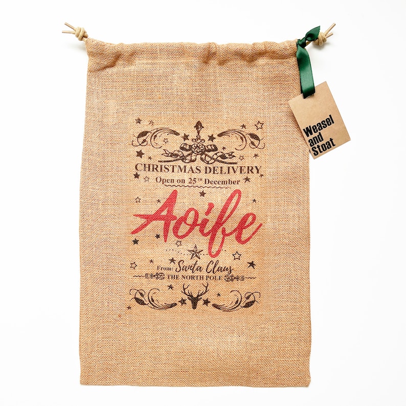 Saco de Navidad Burlap personalizado, Saco de tela Hessian, Saco de Santa, Medias de Navidad, Personalización roja, Navidad infantil, Personalizar regalo de yute imagen 3