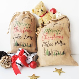 Personalised Christmas Sack, Trees Print, Burlap Sack, in S, M, L or XL Gift, Hessian, Jute fabric, Santa, Personalize Stocking, Child Xmas