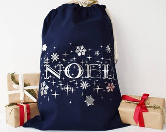 Saco navideño Silver Noel – Bolsa de regalo de algodón azul marino