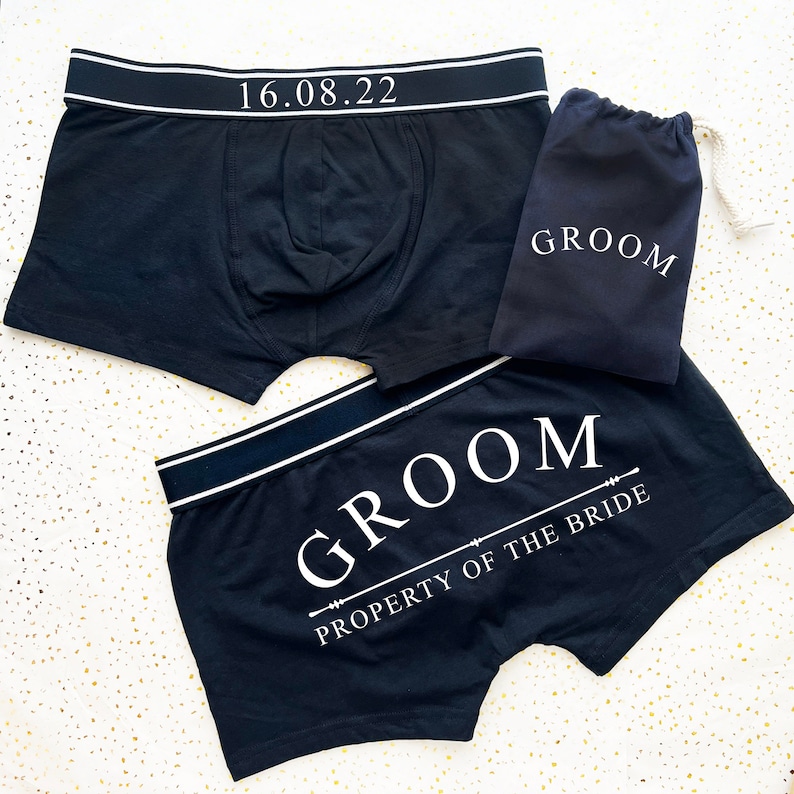 Personalised Date Property of The Bride Back Print on Bottom Boxers, Wedding Date Boxer shorts, bride to groom gift lingerie Navy Black Gold image 1