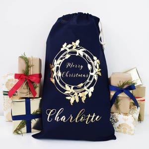 Personalised Christmas Sack - Holly Wreath Christmas Sack - Gift Sack - Christmas Stocking - Christmas Present - Personalized Christmas Sack