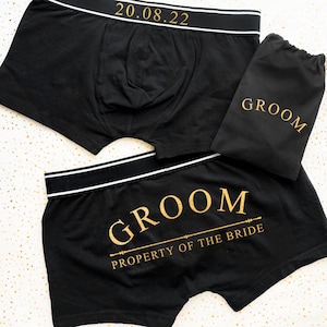 Personalised Date Property of The Bride Back Print on Bottom Boxers, Wedding Date Boxer shorts, bride to groom gift lingerie Navy Black Gold image 3