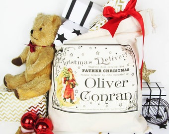 Personalized Christmas Sack, Victorian Santa Design, Cotton Gift Sack
