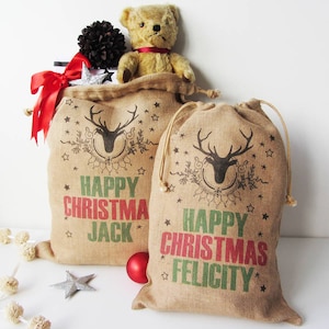 Personalisierter Weihnachtssack mit Hirschmotiv, Leinensack, in S, M, L oder XL Geschenk, Hessischer, Jutestoff, Weihnachtsmann, Personalisierter Nikolausstiefel