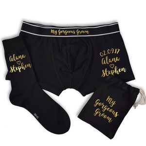 Personalisierte Hochzeitsdatum und Namen Wunderschöne Bräutigam Unterwäsche Geschenk-Set, Boxer Briefs und Socken Set Bild 5