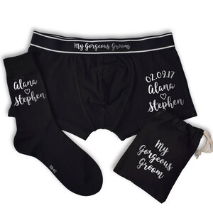 Personalisierte Hochzeitsdatum und Namen Wunderschöne Bräutigam Unterwäsche Geschenk-Set, Boxer Briefs und Socken Set Bild 6