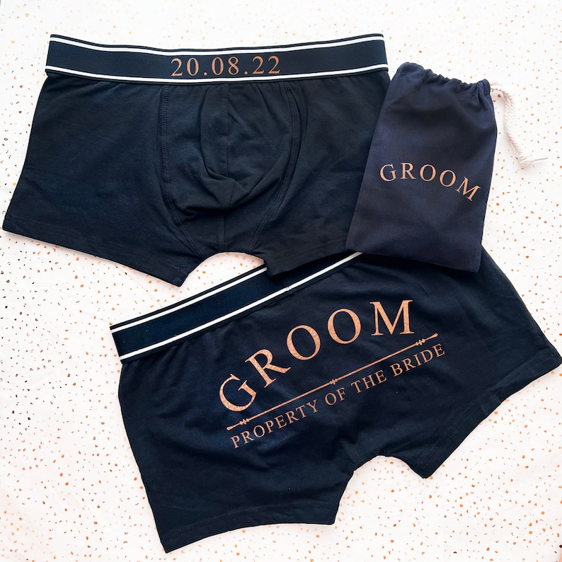 Personalised Date Property of The Bride Back Print on Bottom Boxers, Wedding Date Boxer shorts, bride to groom gift lingerie Navy Black Gold image 4