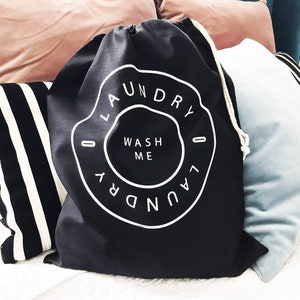 Sac à linge pour la maison et le voyage, Wash Me, sac panier, sac en toile 100% coton avec cordon de serrage, panier de rangement pour chambre d'enfant, organisation, wschesack, noir