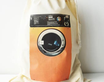 Laundry Bag, Washing Machine Print, Drawcord Cotton Bag, Storage Bag, 100% Cotton