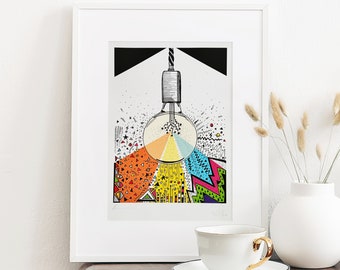 Lámina artística de una bombilla: ilustración firmada a pluma, edición limitada
