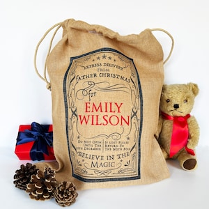 Personalisierter magischer Sackleinen Weihnachtssack Xl, L, M oder S Santa Sack, Hessian Sack, Stocking, Childs Xmas, Jute Geschenk