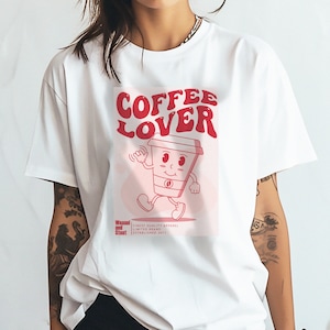 Coffee Lover Cartoon Graphic, Graphic Print White T-Shirt, Unisex fit, Coffee Cup, Coffee Mascot, Retro T Shirt, Aesthetic Tee Shirt