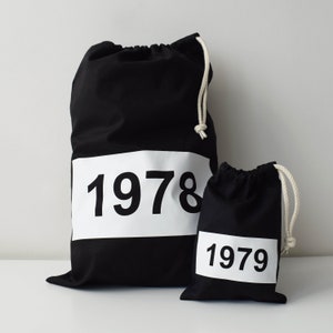 Personalised Date Block Print Storage Bag, Drawcord Cotton Bag, Kids Room Storage Bag, Laundry Bag,  100% Cotton