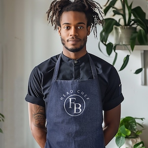 Personalised Monogram Initials Denim Head Chef Apron - baking - Kitchen gift - Dad cooking - gift for her - him - New home - Son Birthday