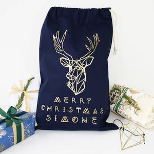 Personalised Reindeer Navy Christmas Sack- Christmas Stocking - Christmas Present - Personalized Christmas Sack