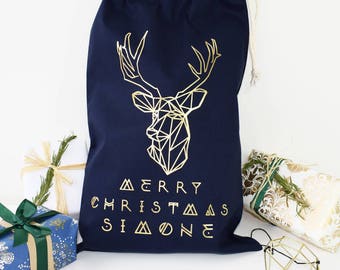 Saco navideño personalizado de reno – Bolsa de regalo de algodón azul marino