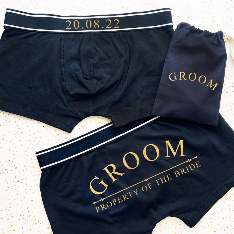 Personalised Date Property of The Bride Back Print on Bottom Boxers, Wedding Date Boxer shorts, bride to groom gift lingerie Navy Black Gold image 2