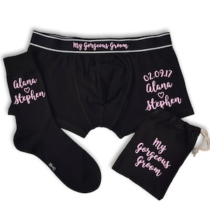 Personalisierte Hochzeitsdatum und Namen Wunderschöne Bräutigam Unterwäsche Geschenk-Set, Boxer Briefs und Socken Set Bild 8