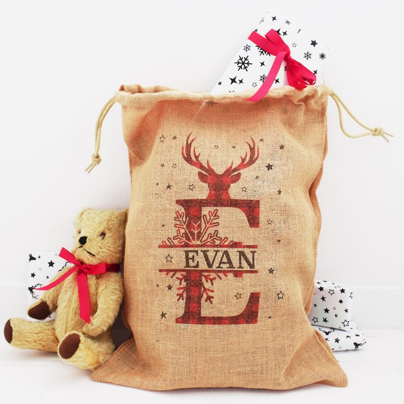 Personalised Tartan Monogram Christmas Sack, Hessian fabric Sack, Santa Sack, Stocking, Red personalise, Child Xmas, Personalize jute Gift image 1