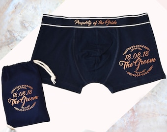 Groom's Wreath, Property Of The Bride, Wedding Date Boxers, bride to groom gift, lingerie, Personalise boxers, rose gold, hochzeitsgeschenk