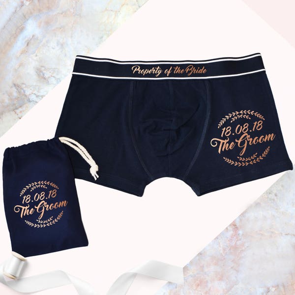 Groom's Wreath, Property Of The Bride, Wedding Date Boxers, bride to groom gift, lingerie, Personalise boxers, rose gold, hochzeitsgeschenk