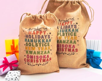 Personalised Jute Holidays Present Sack, Holiday gift bag, Christmas, Hanukkah, New Year, Kwanzaa, Ōmisoka, Happy Holidays, Inclusive Friend