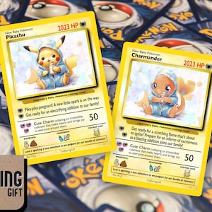Carte Pokémon grossesse - design Pikachu et Salamèche - carte Pokémon personnalisée - faire-part de grossesse pour mari