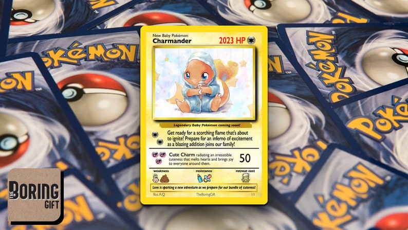May include: A yellow and white Pokemon trading card featuring a cartoon illustration of a baby Charmander wearing a blue onesie. The card has the text "New Baby Pokemon Charmander" and "2023 HP" at the top. The card also has text describing the Pokemon's abilities and stats.