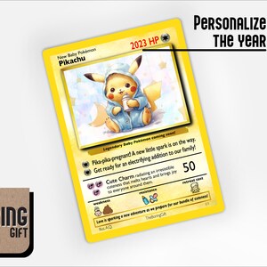 May include: A yellow and blue baby Pokemon card with a Pikachu illustration. The card has the text "New Baby Pokemon Pikachu" and "2023 HP".