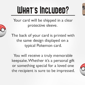 May include: A white and red Pokemon card with the text "WHAT'S INCLUDED?" and "BORING GIFT" in the background. The text explains that the card will be shipped in a protective sleeve and that the back of the card is printed with the same design as a typical Pokemon card.