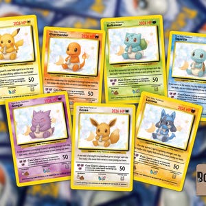 May include: A collection of seven Pok&eacute;mon trading cards featuring baby versions of popular characters like Pikachu, Charmander, and Squirtle. Each card has a yellow border and includes the text "2026 HP" and "Cute Charms".